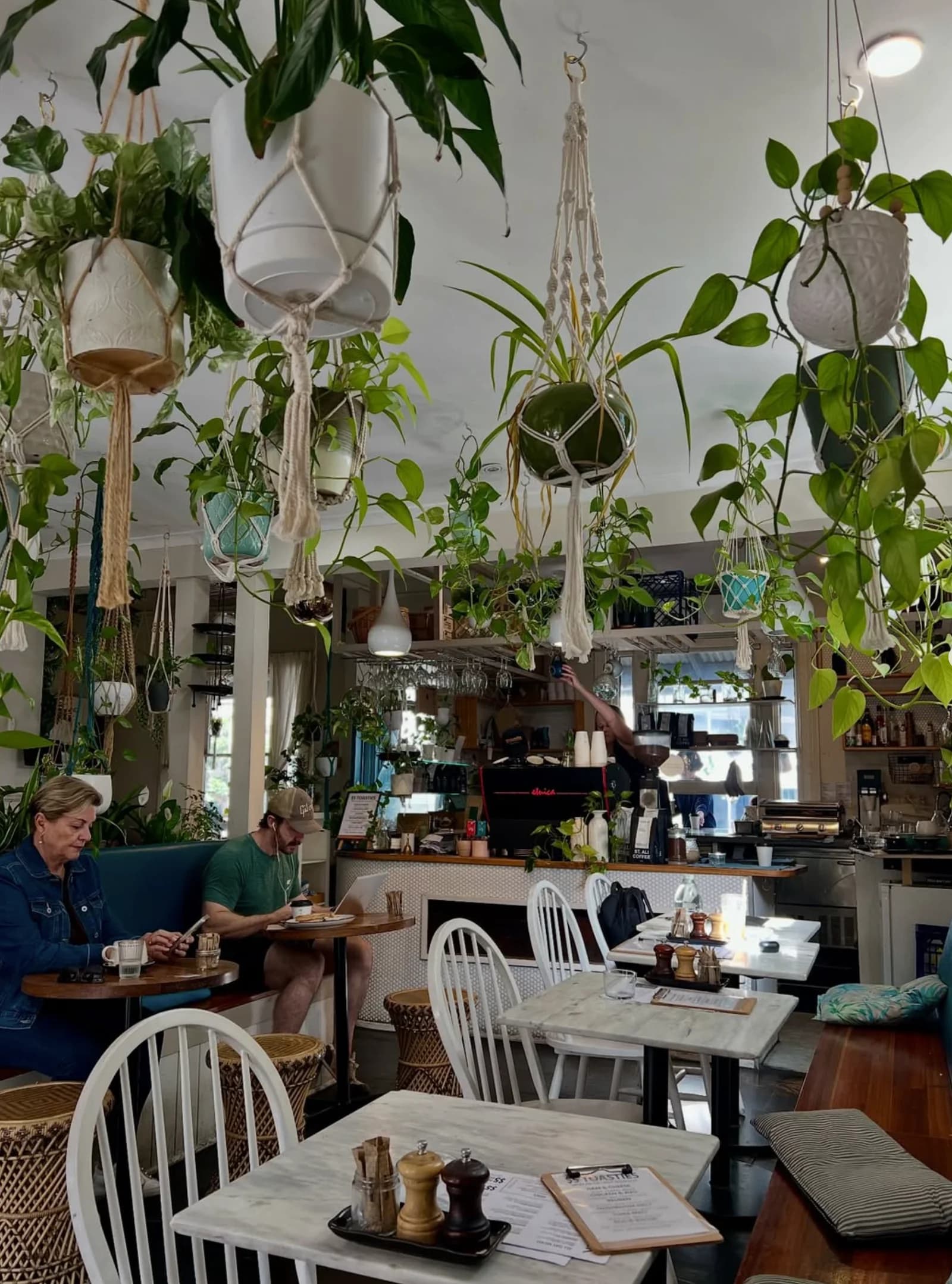 Hanging plants, white café chairs and customers enjoying coffee inside The Peacock